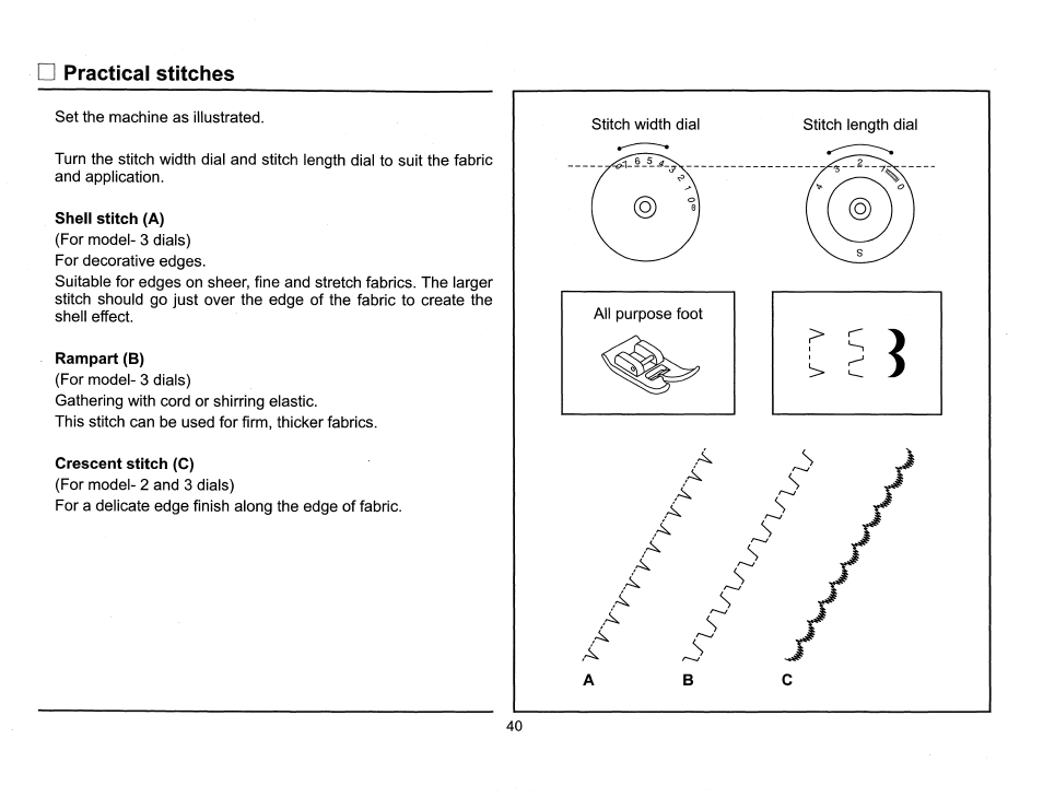 Practical stitches, Shell stitch (a), Rampart (b) | Crescent stitch (c), C: 5 | SINGER 6510 Scholastic User Manual | Page 43 / 54