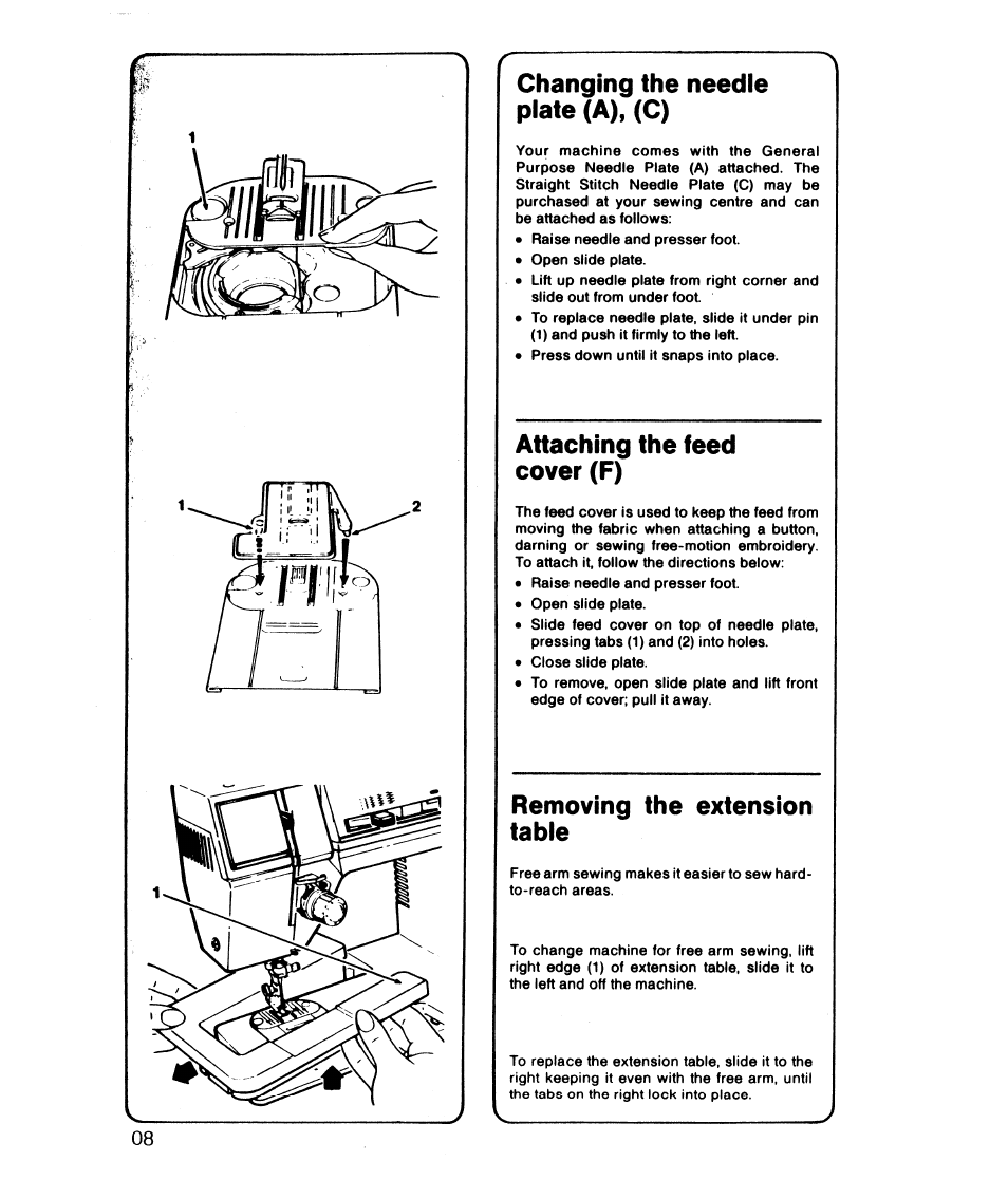 Changing the needle plate (a), (c), Attaching the feed cover (f), Removing the extension tabie | Changing the needle plate attaching the feed cover | SINGER 6610 User Manual | Page 13 / 52