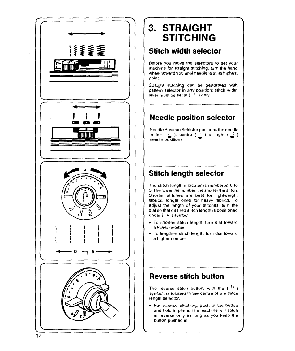 Straight stitching, Stitch width selector, Needle position selector | Stitch length selector, Reverse stitch button, Straight sthcmng, I i i | SINGER 6610 User Manual | Page 19 / 52