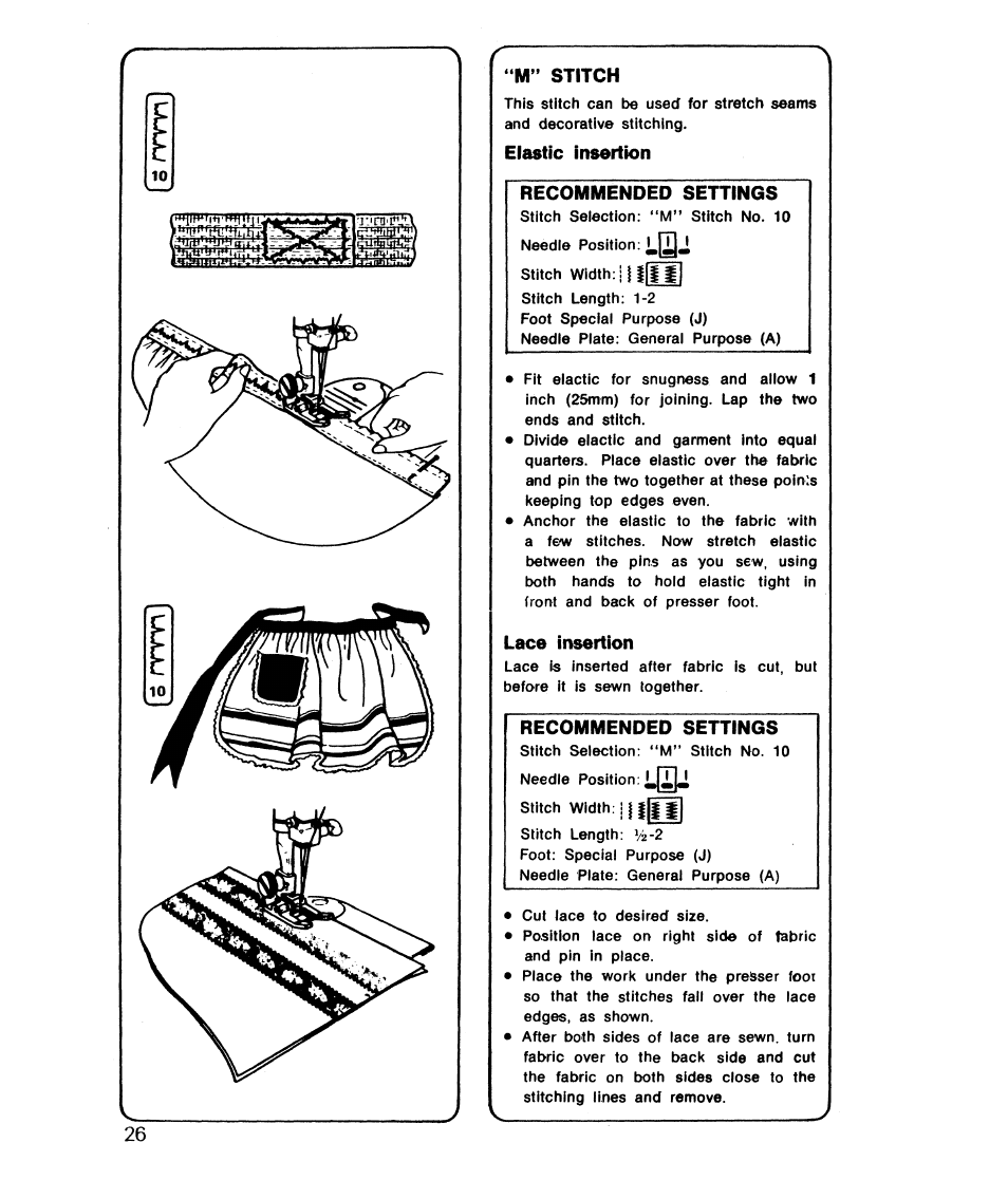 M” stitch, Elastic insertion recommended settings, Lace insertion | Recommended settings | SINGER 6610 User Manual | Page 31 / 52