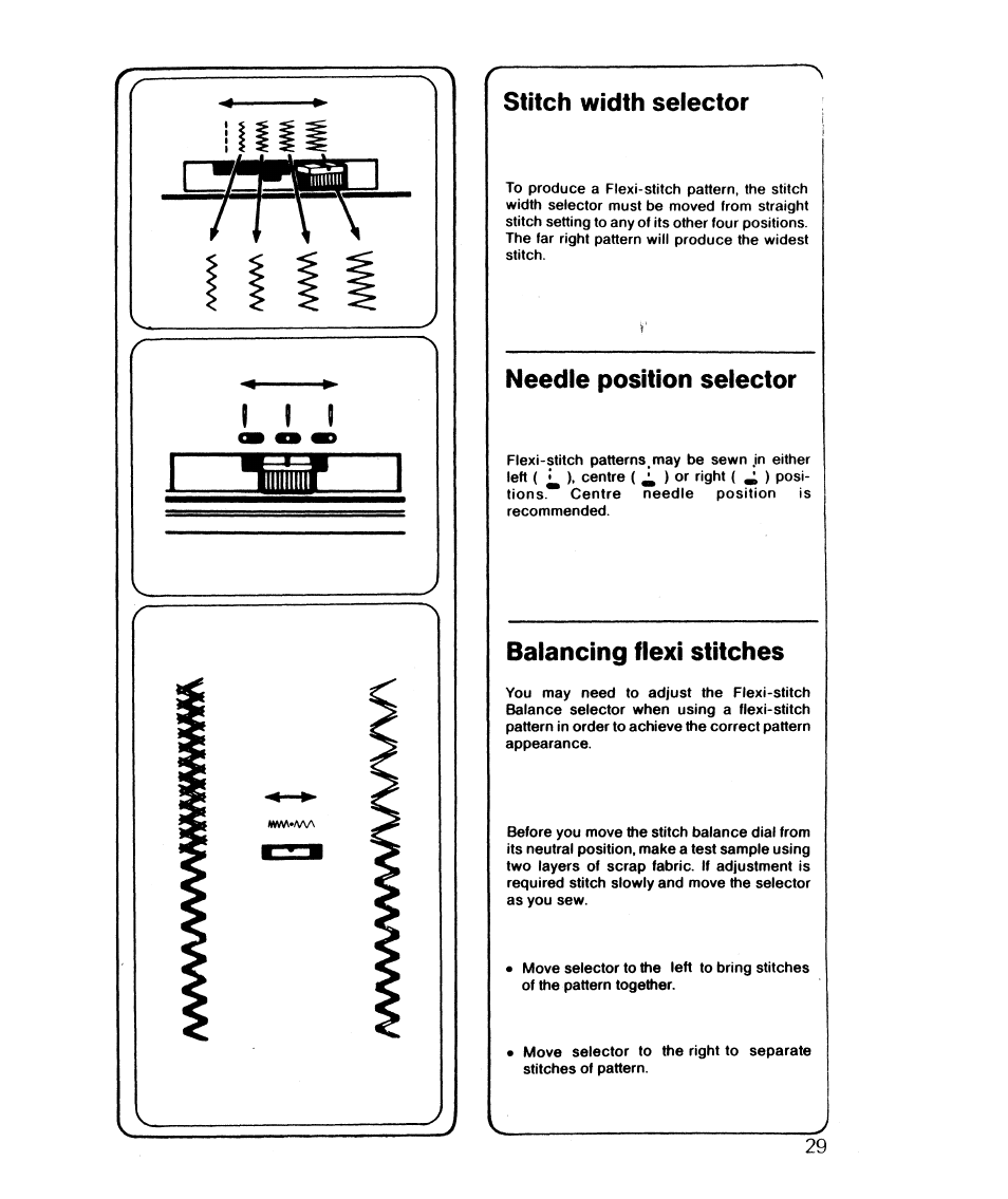 Stitch width selector, Needle position selector, Balancing flexi stitches | Needle position selector stitch width selector, I i i | SINGER 6610 User Manual | Page 34 / 52