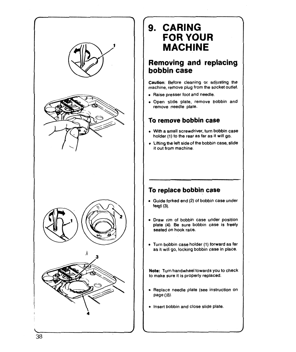 Caring for your machine, Removing and replacing, Bobbin case | Removing and replacing bobbin case | SINGER 6610 User Manual | Page 43 / 52