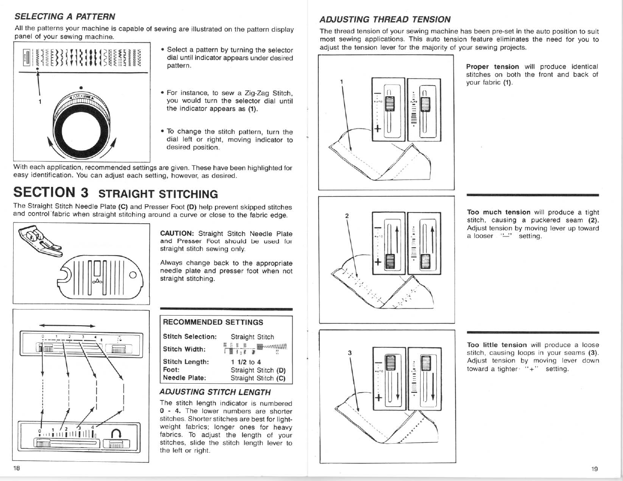 Selecting a pattern, Adjusting stitch length, Adjusting thread tension | SINGER 9124 User Manual | Page 11 / 25