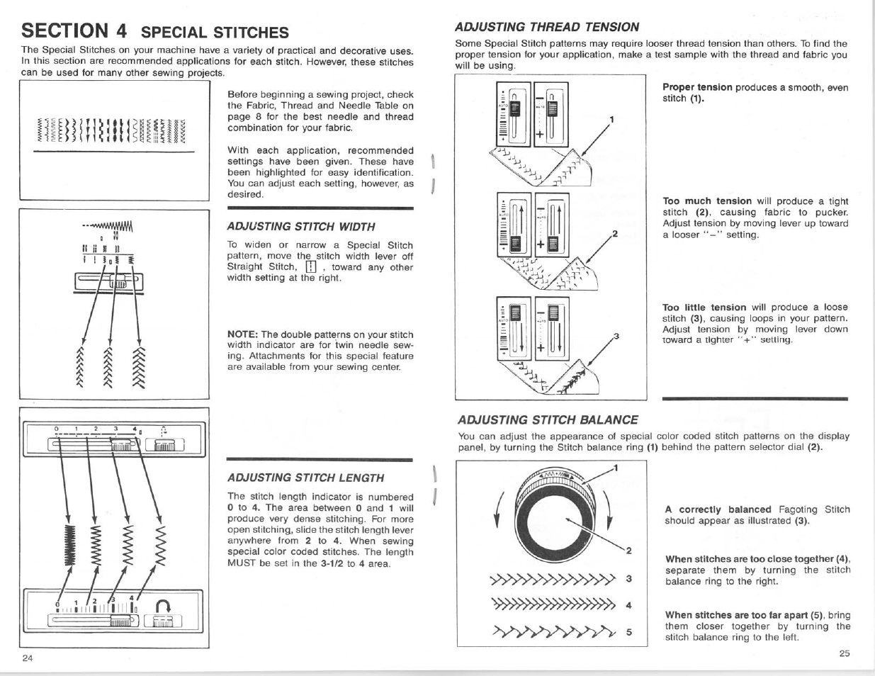 Adjusting stitch width, Adjusting stitch length, Adjusting thread tension | Adjusting stitch balance, Special stitches | SINGER 9124 User Manual | Page 14 / 25