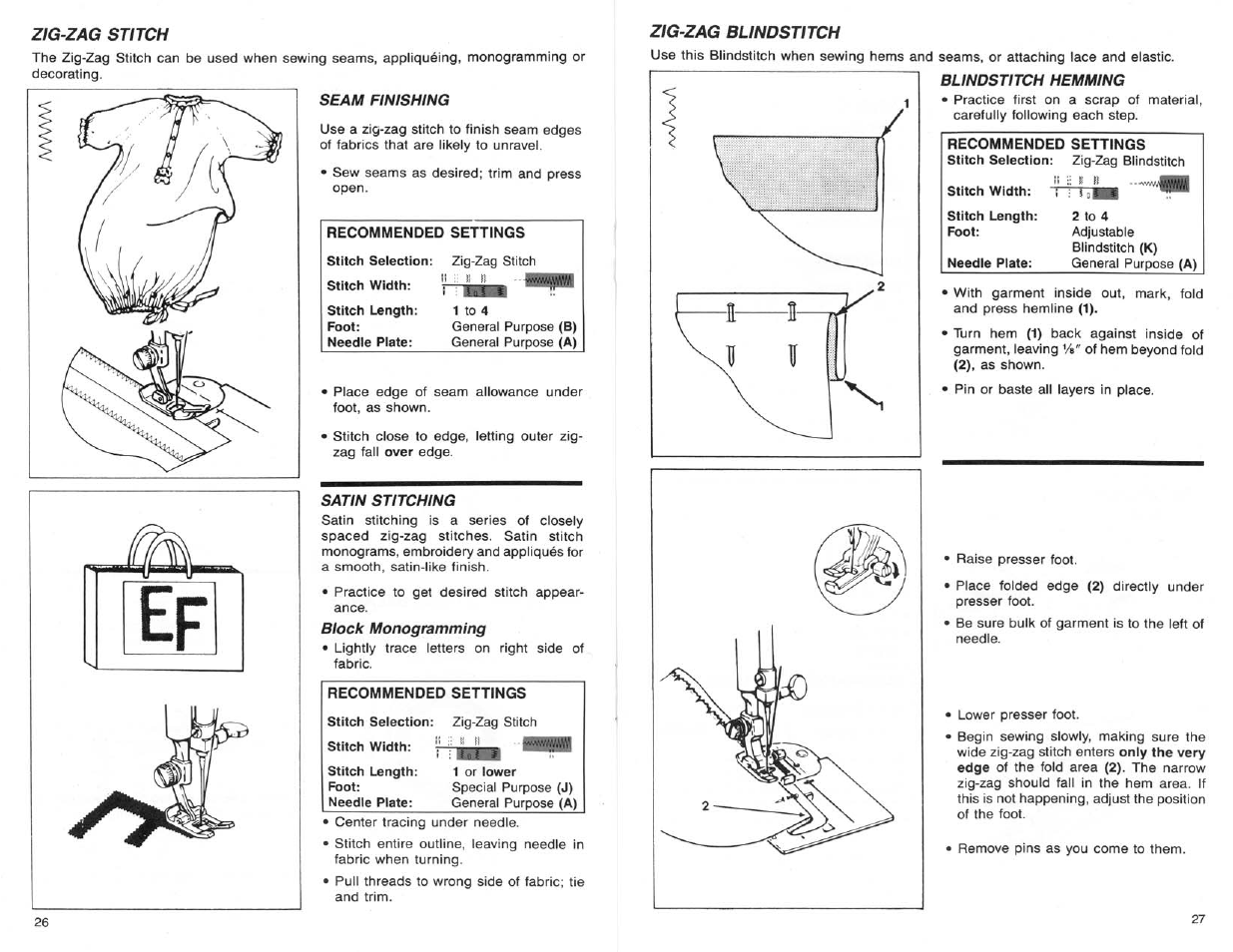 Zig-zag stitch, Seam finishing, Satin stitching | Zig-zag blindstitch, Blindstitch hemming, Npui | SINGER 9124 User Manual | Page 15 / 25
