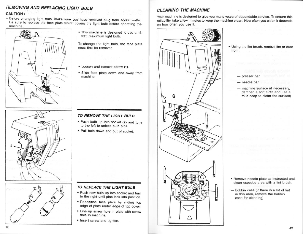 Removing and replacing light bulb, To remove the light bulb, Cleaning the machine | SINGER 9124 User Manual | Page 23 / 25