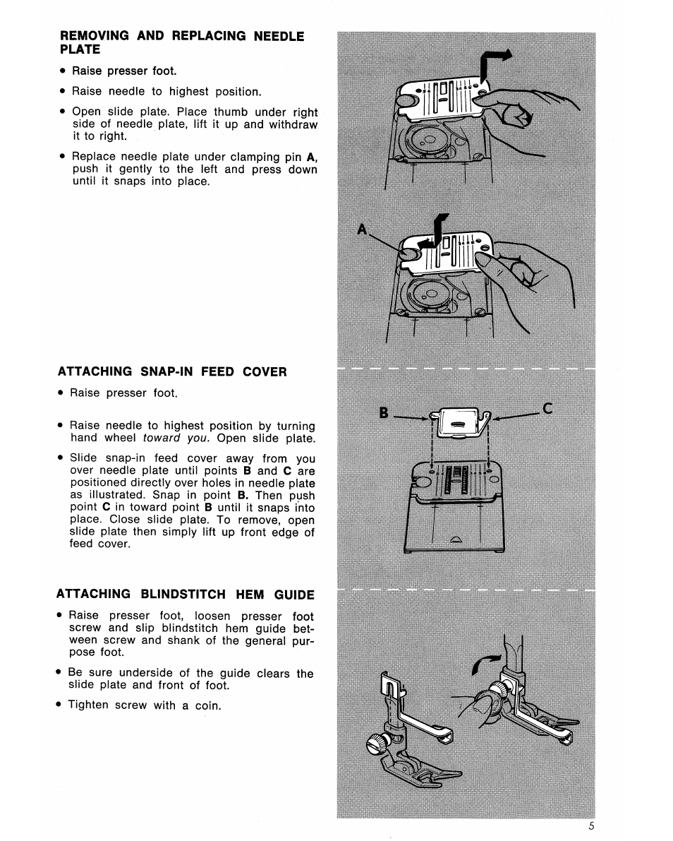 Removing and replacing needle plate, Attaching snap-in feed cover, Attaching blindstitch hem guide | SINGER 7106 User Manual | Page 7 / 44