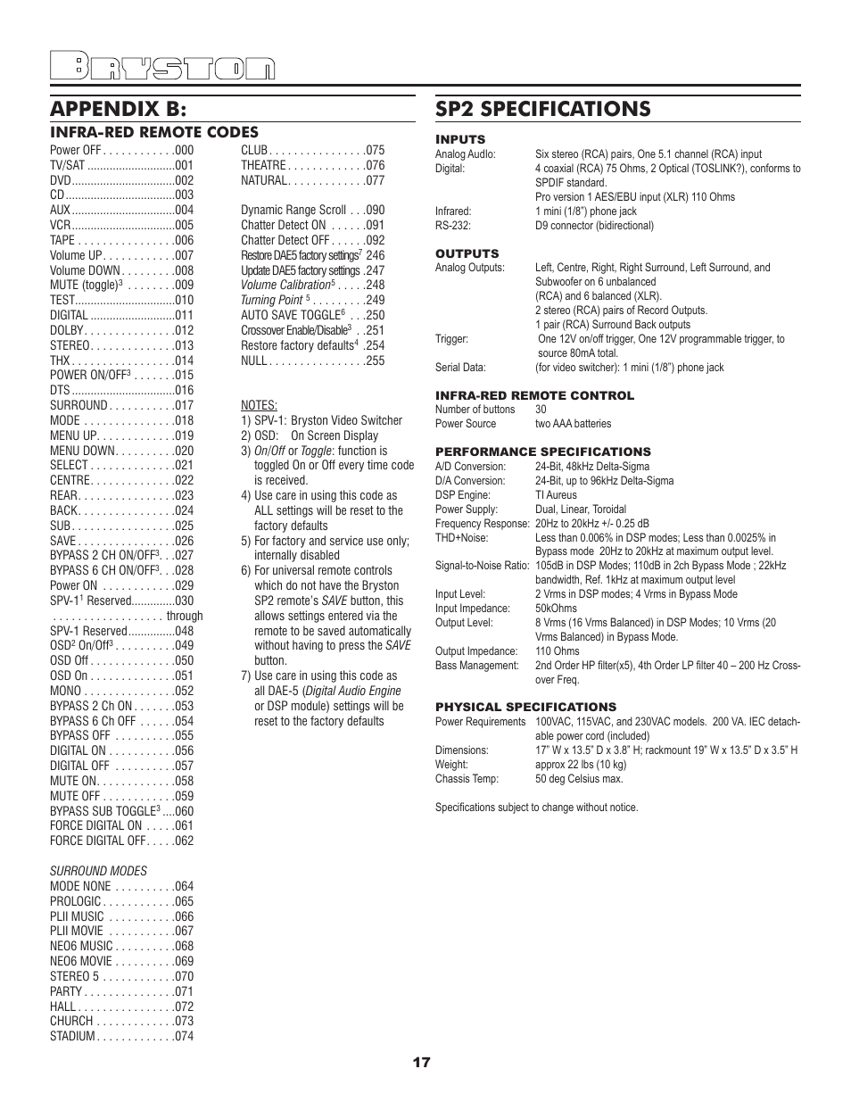 Sp2 specifications, Appendix b, Infra-red remote codes | Bryston SP2 PREAMP User Manual | Page 18 / 20