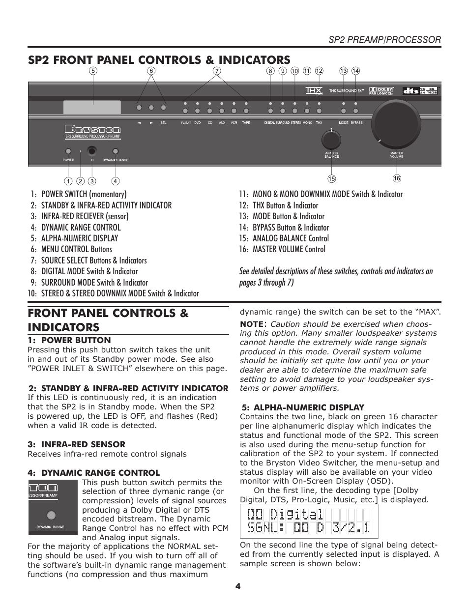 Sp2 front panel controls & indicators, Front panel controls & indicators | Bryston SP2 PREAMP User Manual | Page 5 / 20