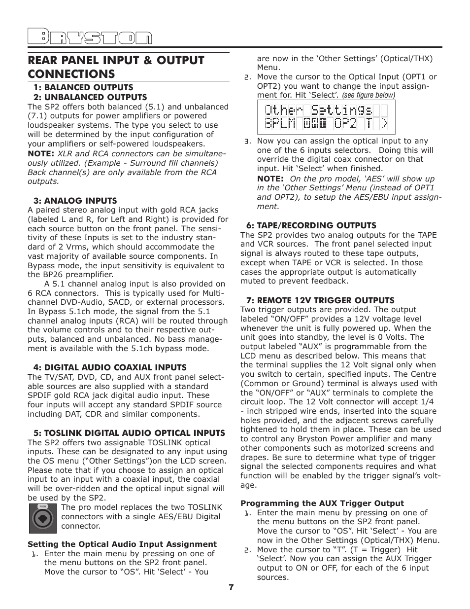 Rear panel input & output connections | Bryston SP2 PREAMP User Manual | Page 8 / 20