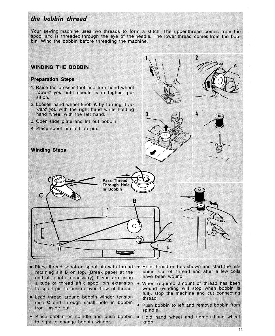 The bobbin thread, Winding the bobbin, Preparation steps | Winding steps | SINGER 7110 User Manual | Page 13 / 44