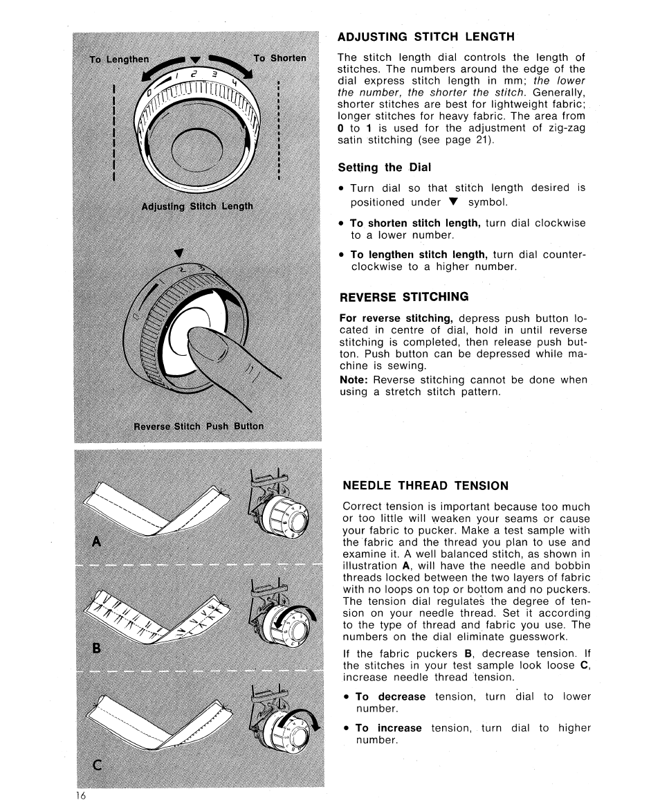 Adjusting stitch length, Setting the dial, Reverse stitching | Needle thread tension | SINGER 7110 User Manual | Page 18 / 44