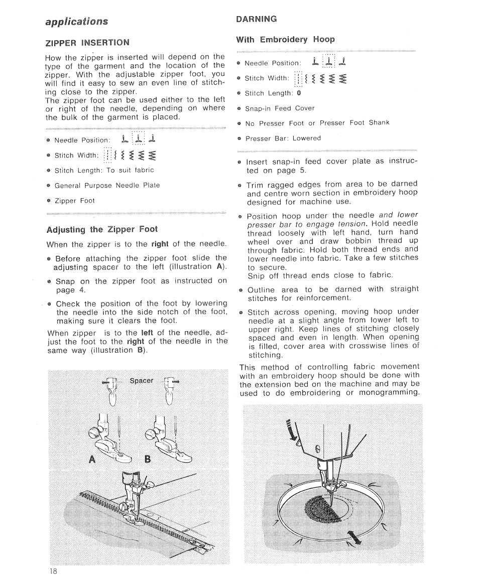 Zipper insertion, Applications | SINGER 7110 User Manual | Page 20 / 44