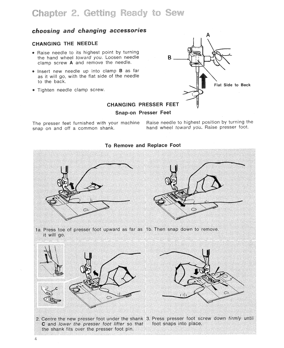 Choosing and changing accessories, Changing the needle, Chapter 2« getting ready to semi | SINGER 7110 User Manual | Page 6 / 44