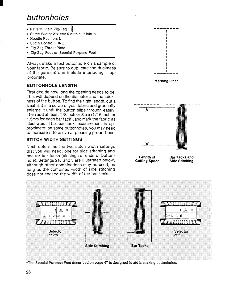 Buttonholes, Buttonhole length, Stitch width settings | Iermftfj, Iviarking lines, Atzva | SINGER 714 Graduate User Manual | Page 28 / 52