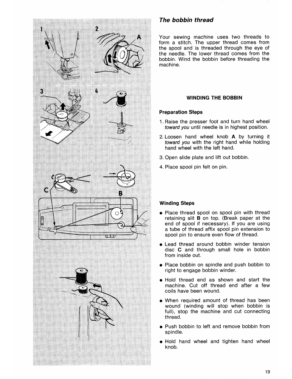 The bobbin thread, Winding the bobbin, Preparation steps | Winding steps | SINGER 7184 User Manual | Page 21 / 66