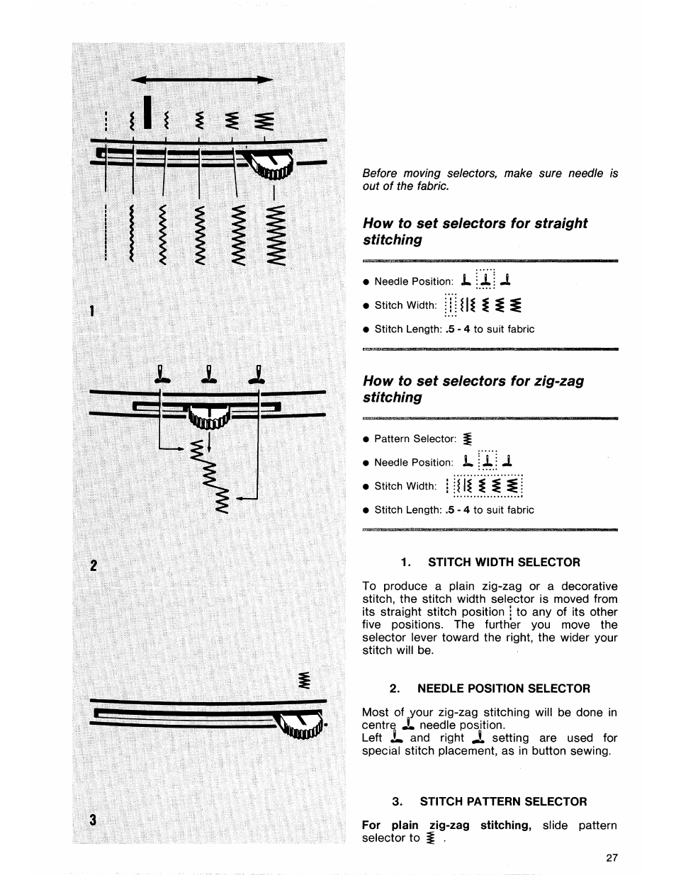 How to set selectors for straight stitching, How to set selectors for zig-zag stitching | SINGER 7184 User Manual | Page 29 / 66