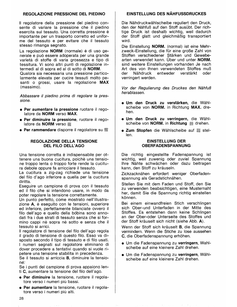 Regolazione della tensione del filo dell’ago, Einstellung der oberfadenspannung | SINGER 7184 User Manual | Page 30 / 66