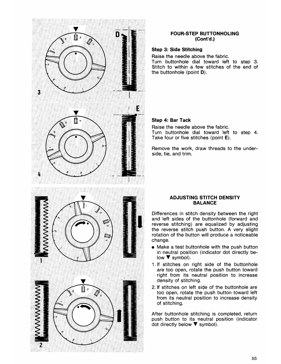 Four-step buttonholing (cont’d.), Step 3: side stitching, Step 4: bar tack | Adjusting stitch density balance, Four-step buttonholing ,55, Adjusting stitch density | SINGER 7184 User Manual | Page 57 / 66