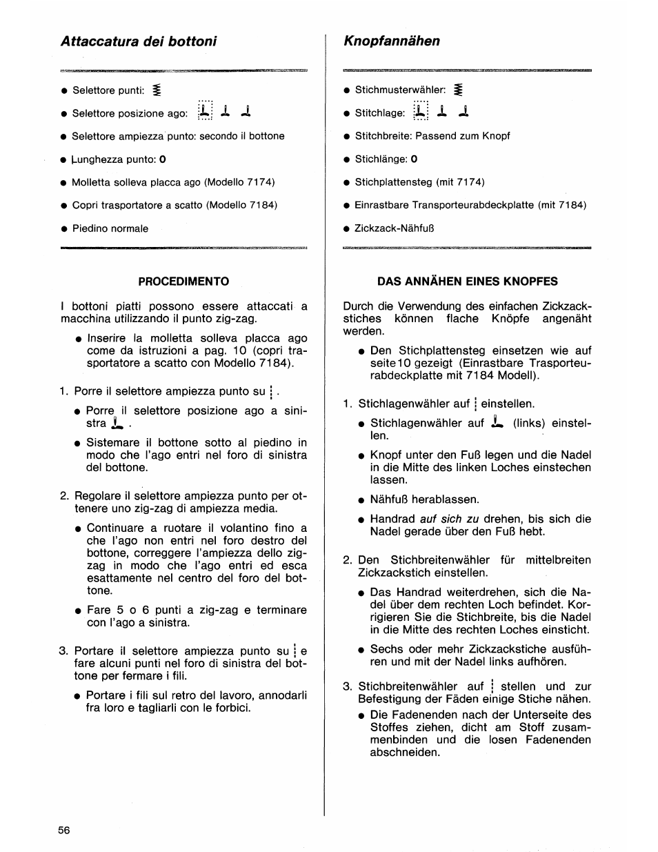 Procedimento, Attaccatura dei bottoni, Knopfannähen | SINGER 7184 User Manual | Page 58 / 66