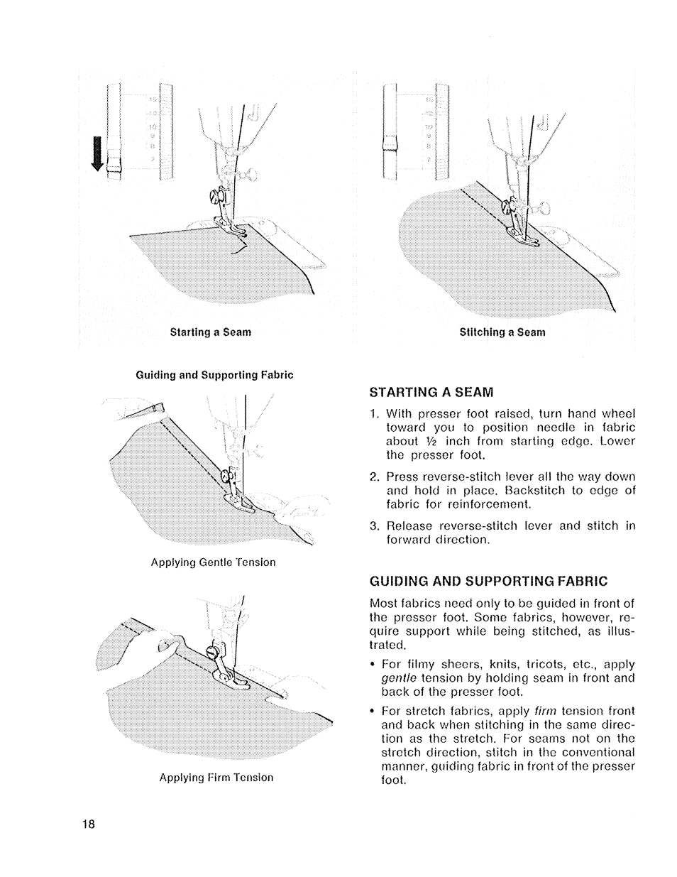 Startimg a seawl, Guiding and supporting fabric, Startimg | Seawl | SINGER 719 User Manual | Page 20 / 36