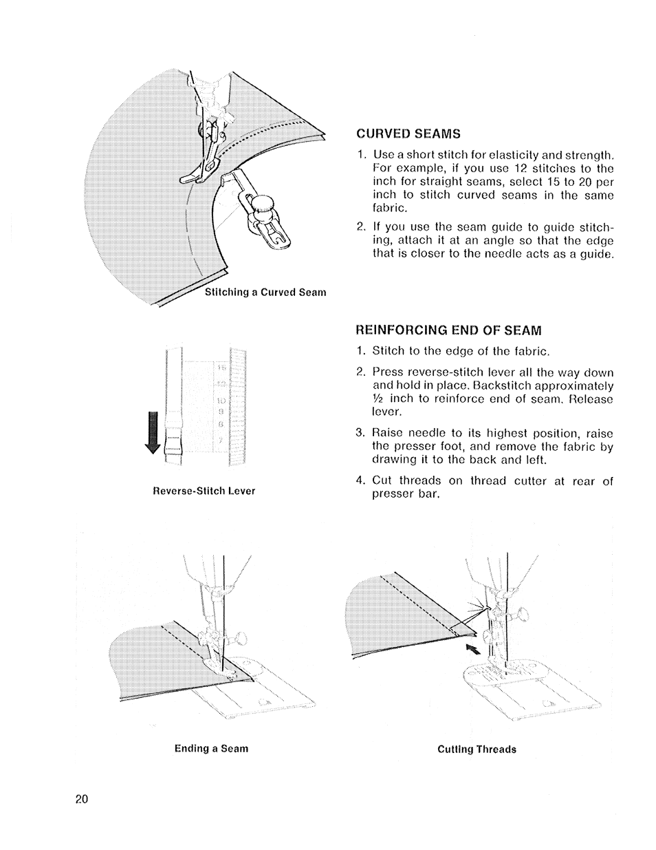 Curved seams, Reinforcing end of seam | SINGER 719 User Manual | Page 22 / 36