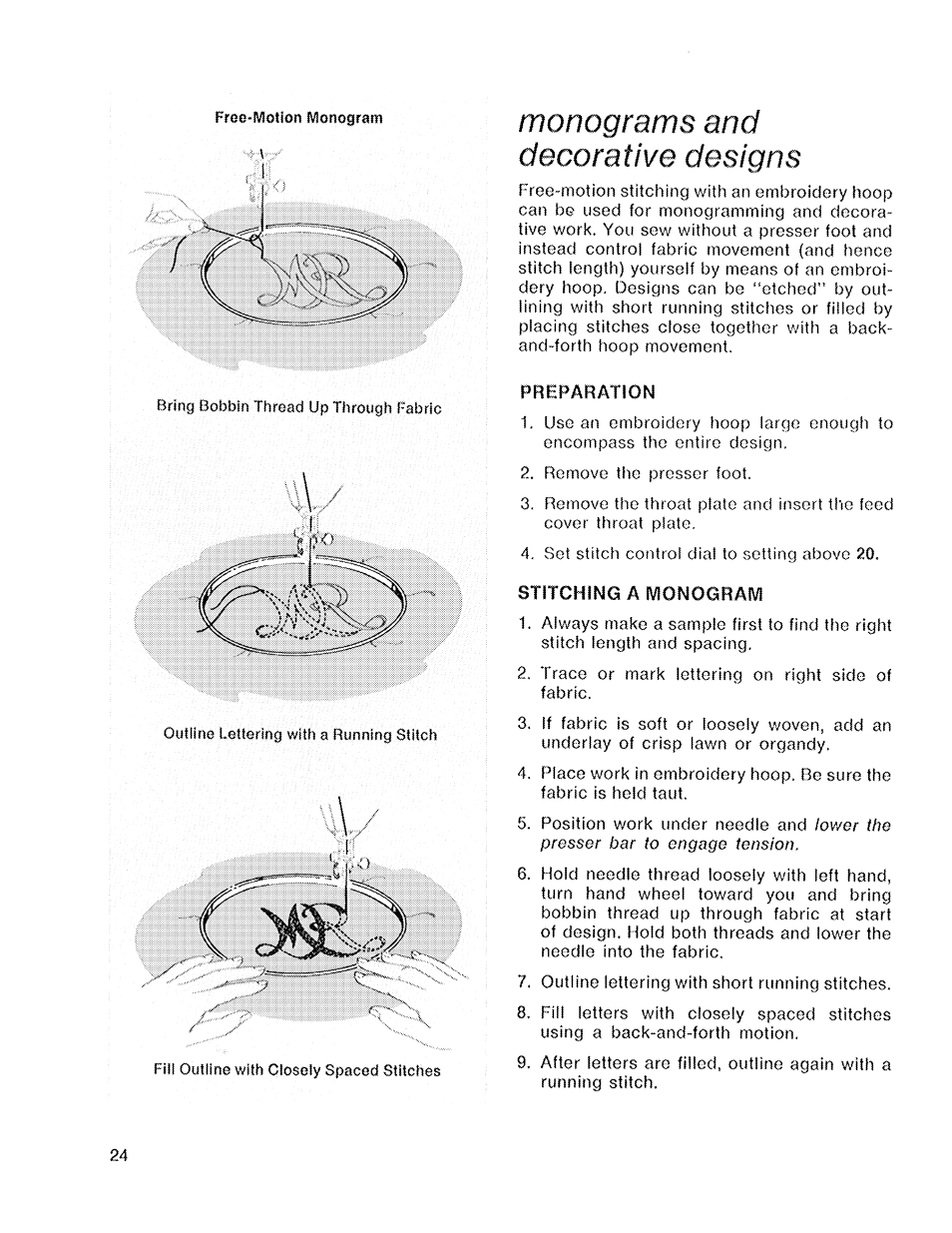 Monograms and decorative designs, Preparation, Stitching a monogram | SINGER 719 User Manual | Page 26 / 36