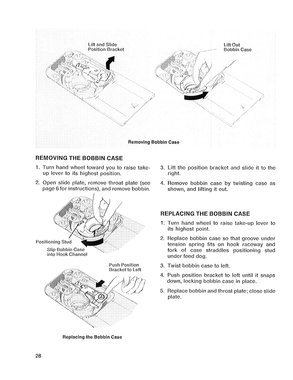 Removing the bobbin case, Replacing the bobbin case | SINGER 719 User Manual | Page 30 / 36