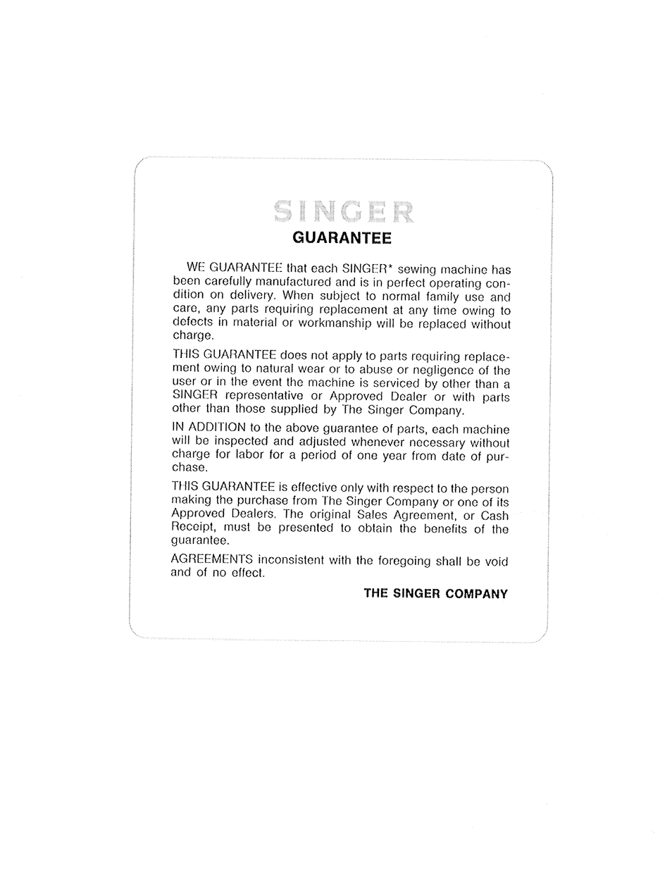 Guarantee, The singer company | SINGER 719 User Manual | Page 35 / 36