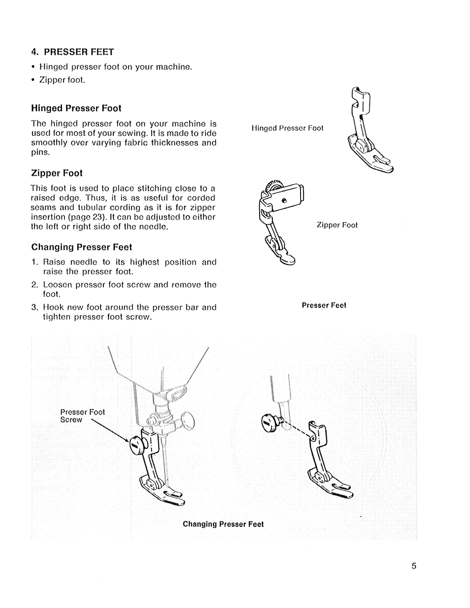 Hinged presser fool, Zipper foot, Changing presser feet | SINGER 719 User Manual | Page 7 / 36