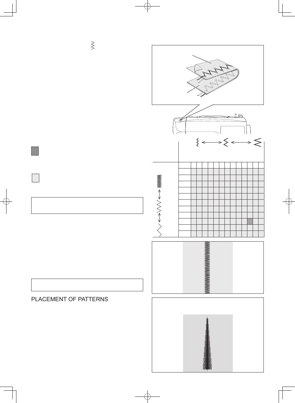Zigzag stitching, Adjusting stitch width and length, Placement of patterns | Satin stitch | SINGER 7412 User Manual | Page 36 / 69