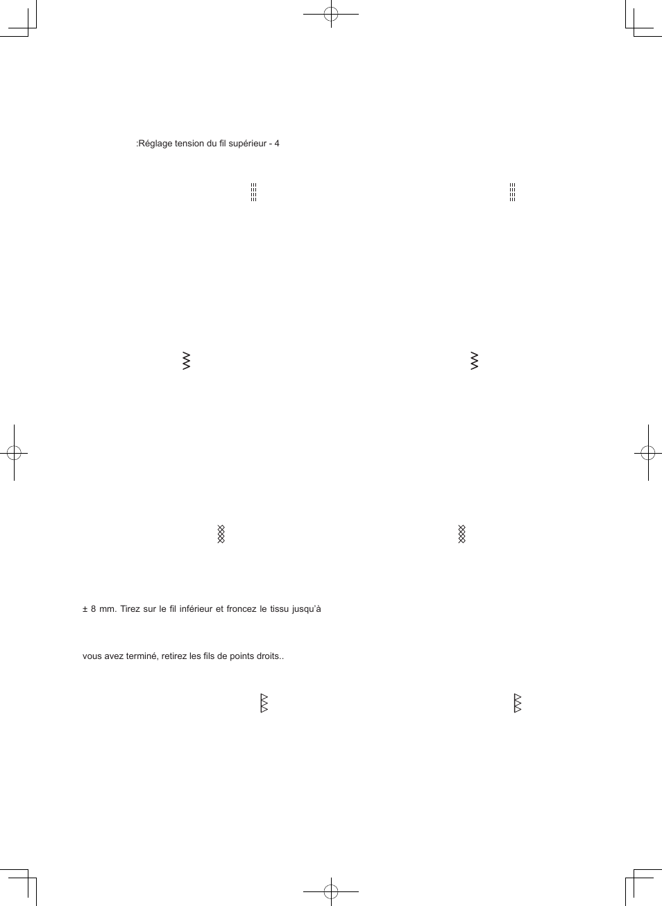 Points extensible, Point droit extensible, Puntadas elasticas | Puntada recta triple, Point ric rac, Puntada ric rac, Point nid d’abeille, Puntada panal, Point surjet extensible, Puntada sobre-borde | SINGER 7412 User Manual | Page 43 / 69
