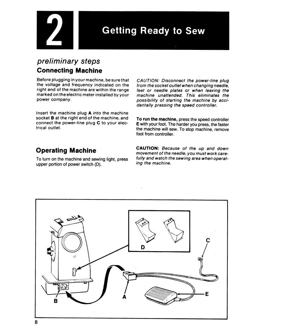 Preliminary steps connecting machine, Operating machine, Preliminary steps | Getting ready to sew | SINGER 8019 User Manual | Page 10 / 56
