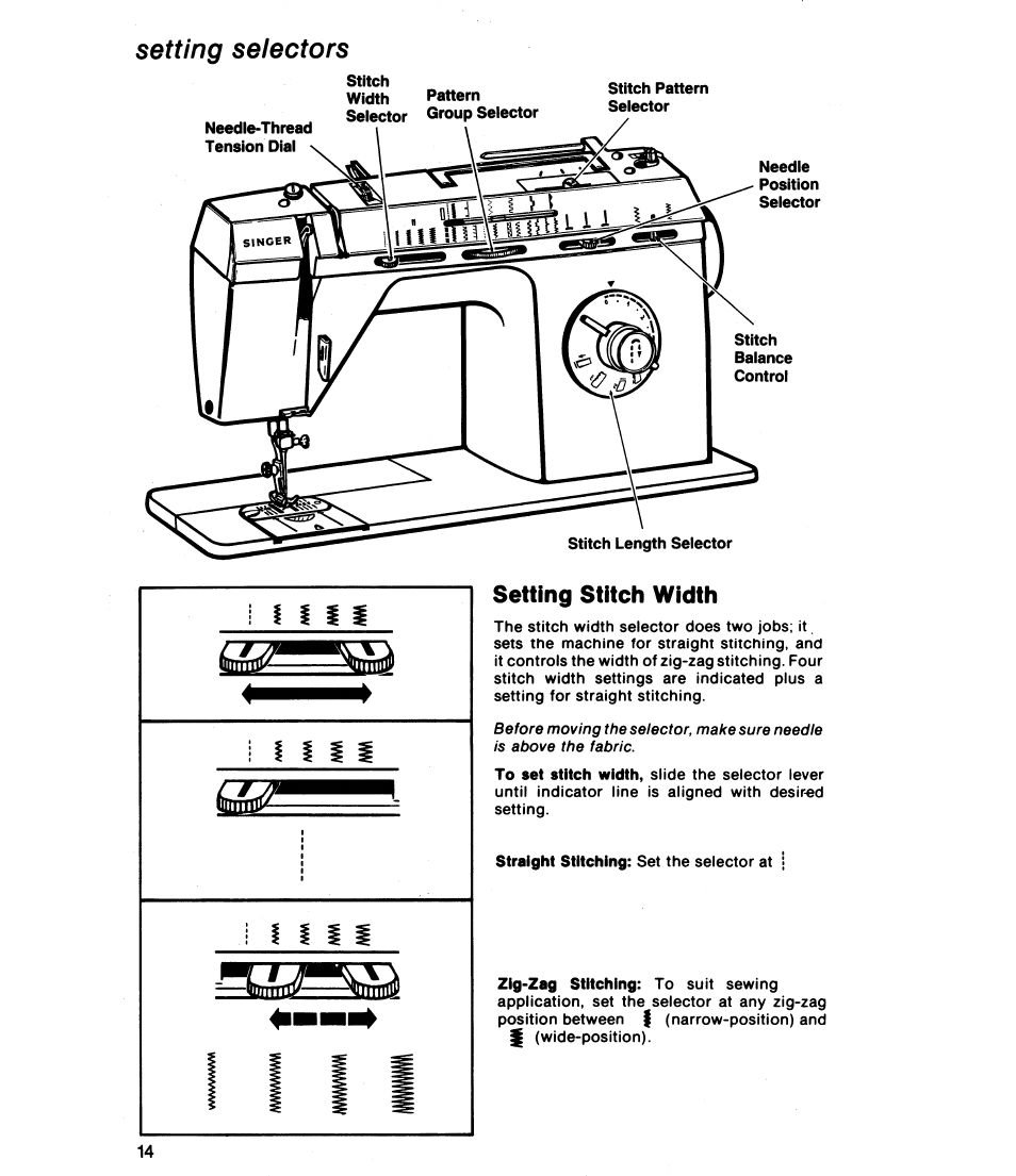 Setting stitch width, Setting stitch length, Setting selectors | SINGER 8019 User Manual | Page 16 / 56