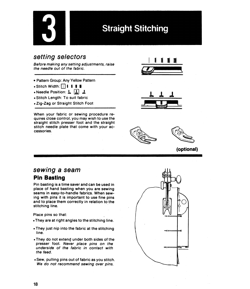 Setting selectors, Optional), Sewing a seam pin basting | Sewing a seam, Straight stitching, L x 1 | SINGER 8019 User Manual | Page 20 / 56