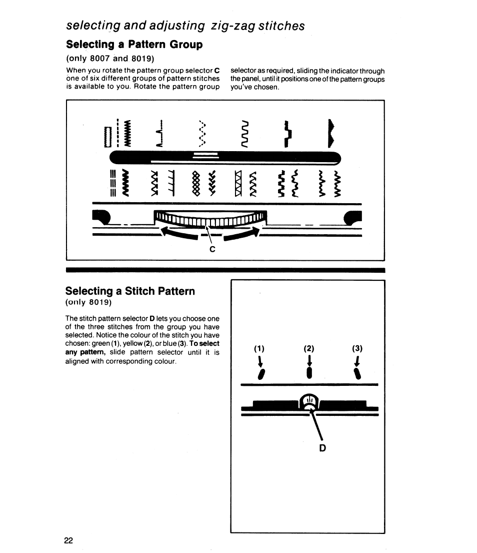 Only 8007 and 8019), Selecting a stitch pattern, Only 8019) | Selecting and adjusting zig-zag stitches, Selecting a pattern group | SINGER 8019 User Manual | Page 24 / 56