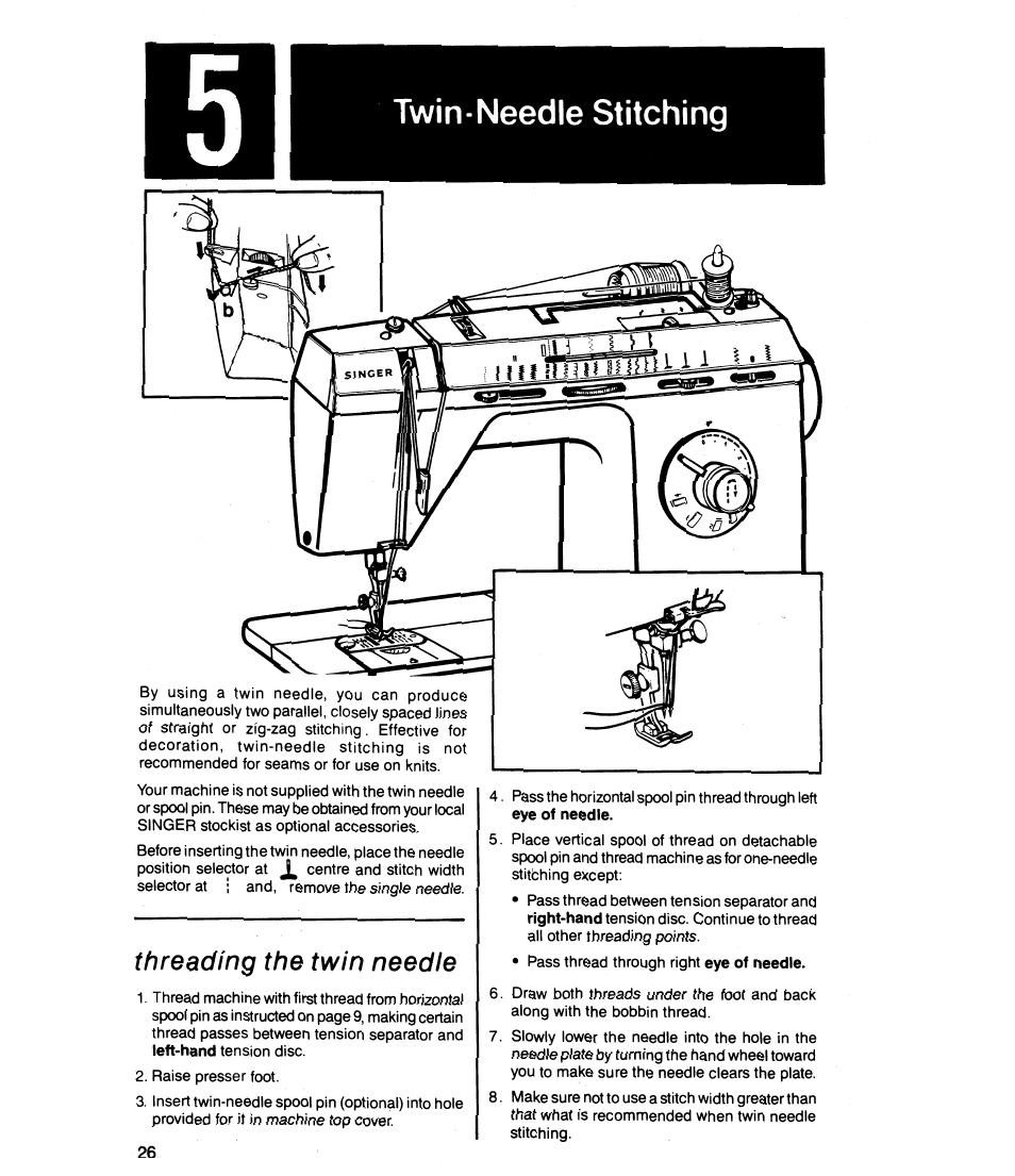 Threading the twin needle, Twin-needle stitching | SINGER 8019 User Manual | Page 28 / 56