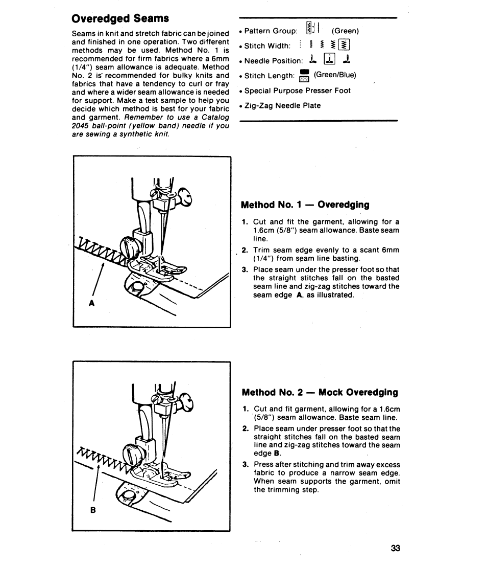Overedged seams, Method no. 1 — overedging, Method no. 2 — mock overedging | SINGER 8019 User Manual | Page 35 / 56