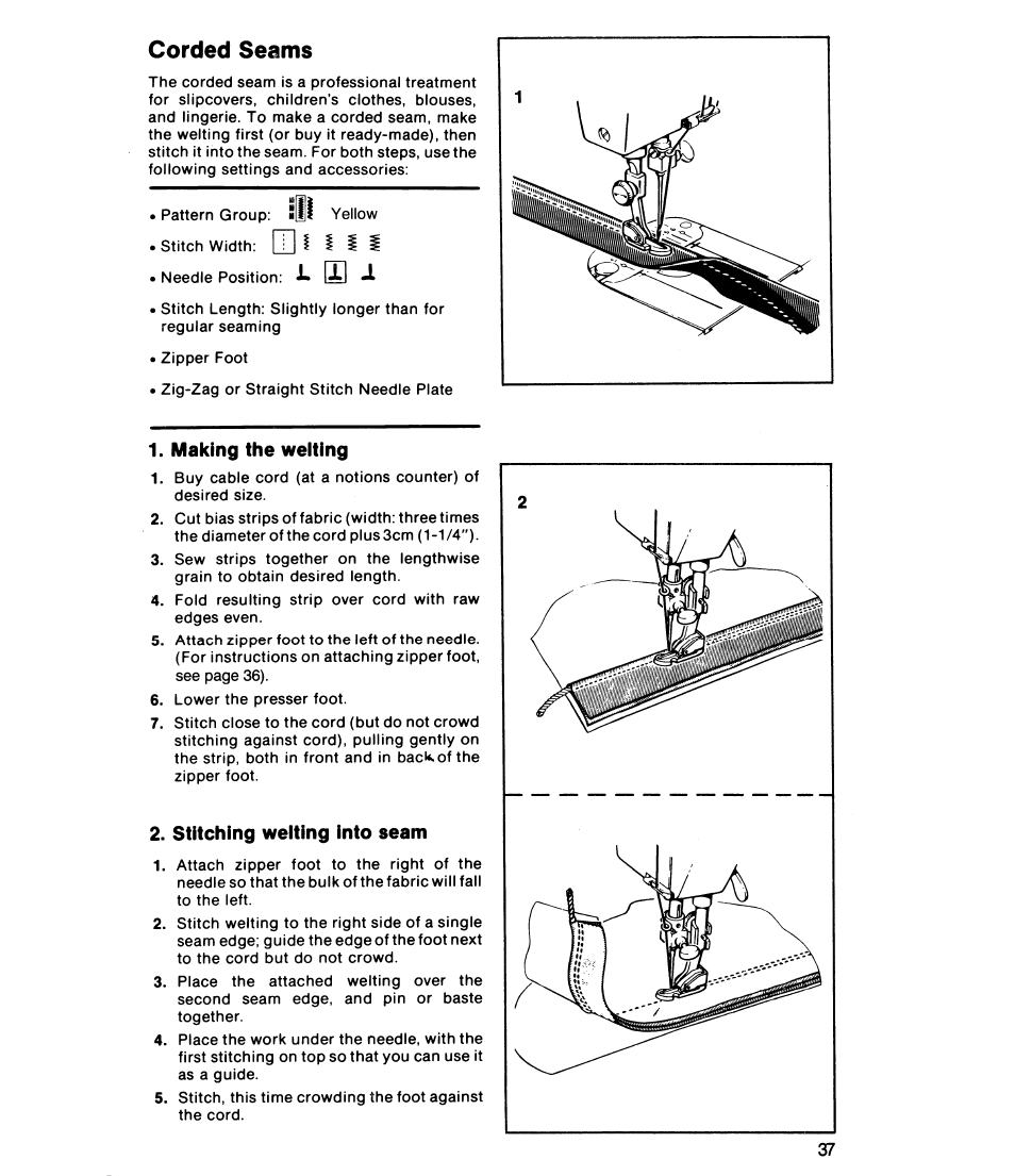 Corded seams, Making the welting, Stitching weiting into seam | I i i i | SINGER 8019 User Manual | Page 39 / 56