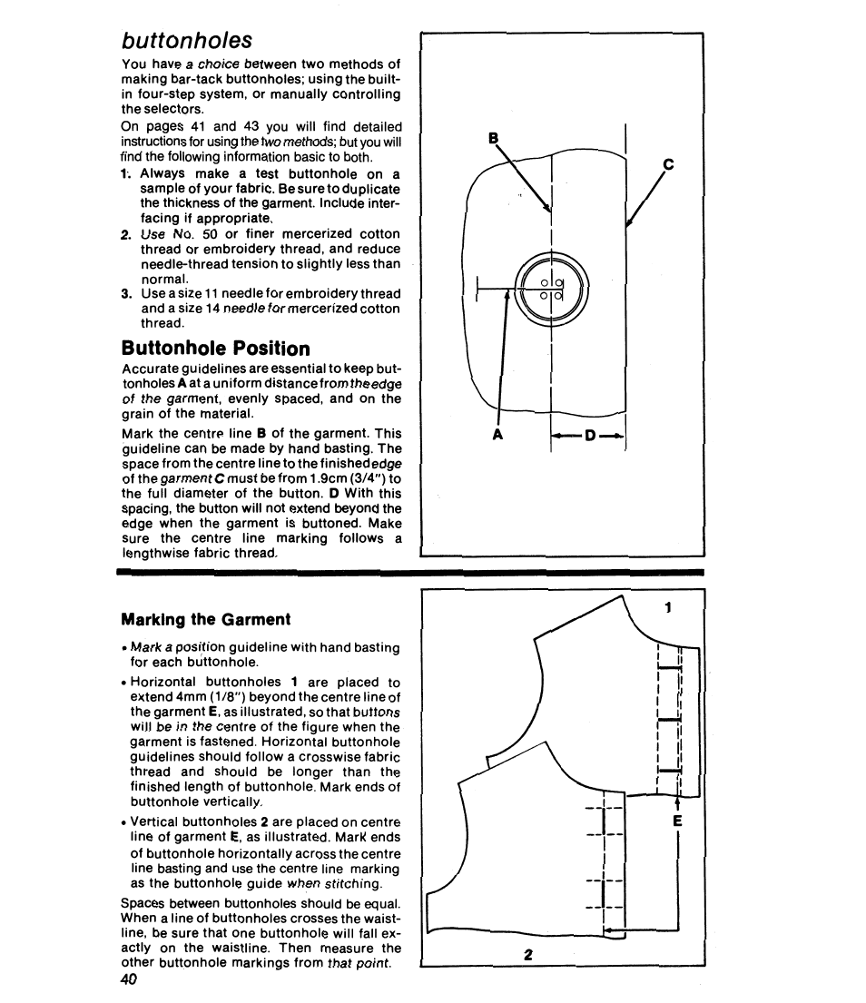 Buttonhole position, Marking the garment, Buttonholes | SINGER 8019 User Manual | Page 42 / 56