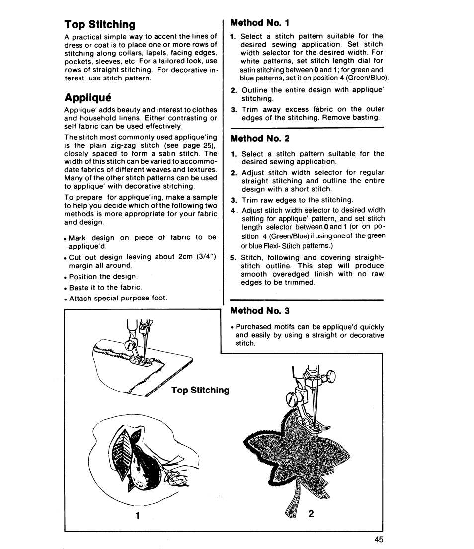 Top stitching, Appiique, Method no. 1 | Method no. 2, Method no. 3 | SINGER 8019 User Manual | Page 47 / 56