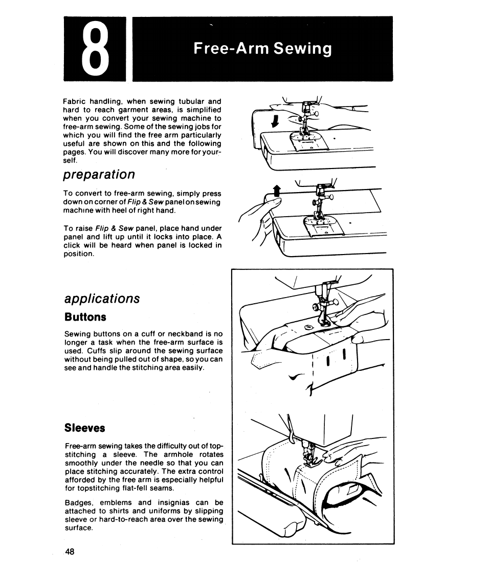 Free-arm sewing, Buttons, Sleeves | Preparation, Applications | SINGER 8019 User Manual | Page 50 / 56