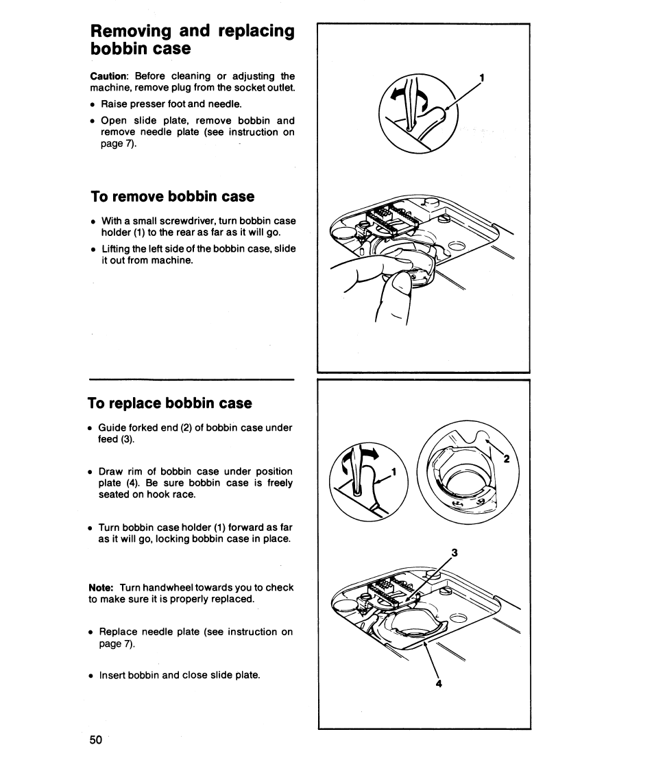To remove bobbin case, To replace bobbin case, Removing and replacing bobbin case | SINGER 8019 User Manual | Page 52 / 56