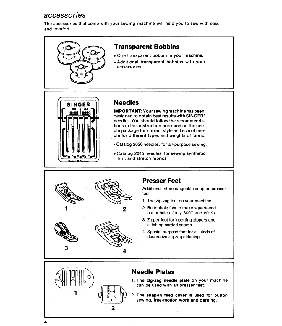 Accessories, Needles, Presser feet | SINGER 8019 User Manual | Page 6 / 56