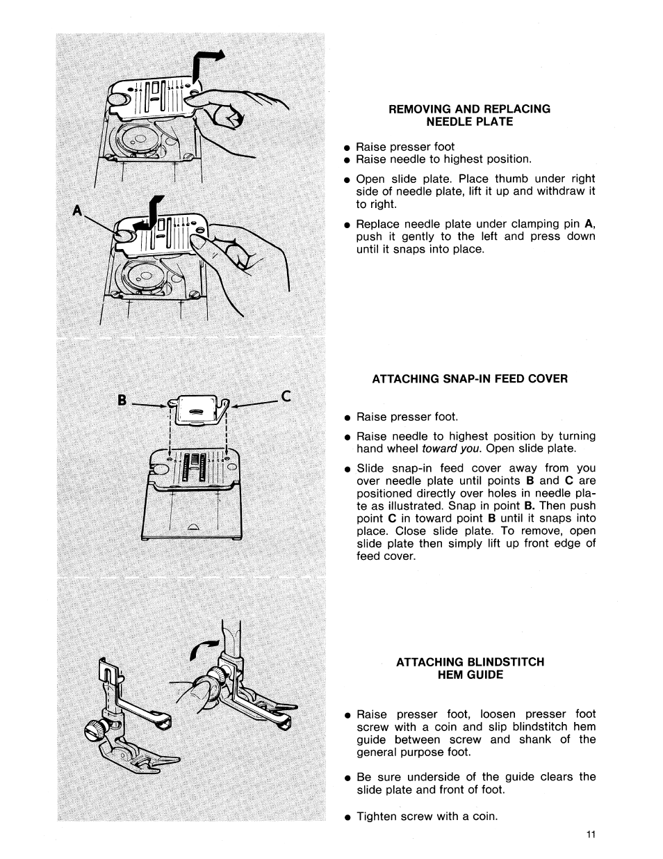 Removing and replacing needle plate, Attaching snap-in feed cover, Attaching blindstitch hem guide | SINGER 8614 User Manual | Page 13 / 74