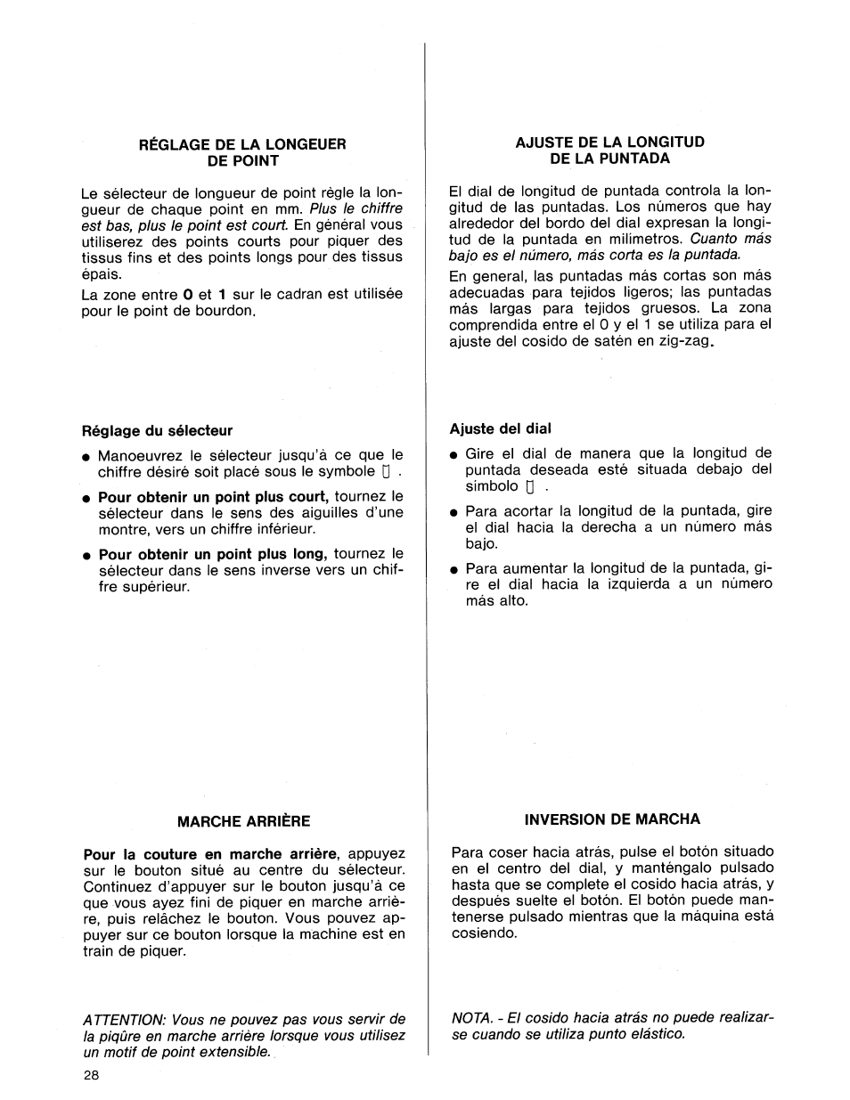 Réglage de la longeuer de point, Réglage du sélecteur, Marche arriere | Ajuste de la longitud de la puntada, Ajuste del dial, Inversion de marcha, Réglage de la longueur du point, Marche arrière, Ajuste de la longitud de puntada, Inversión de marcha | SINGER 8614 User Manual | Page 30 / 74