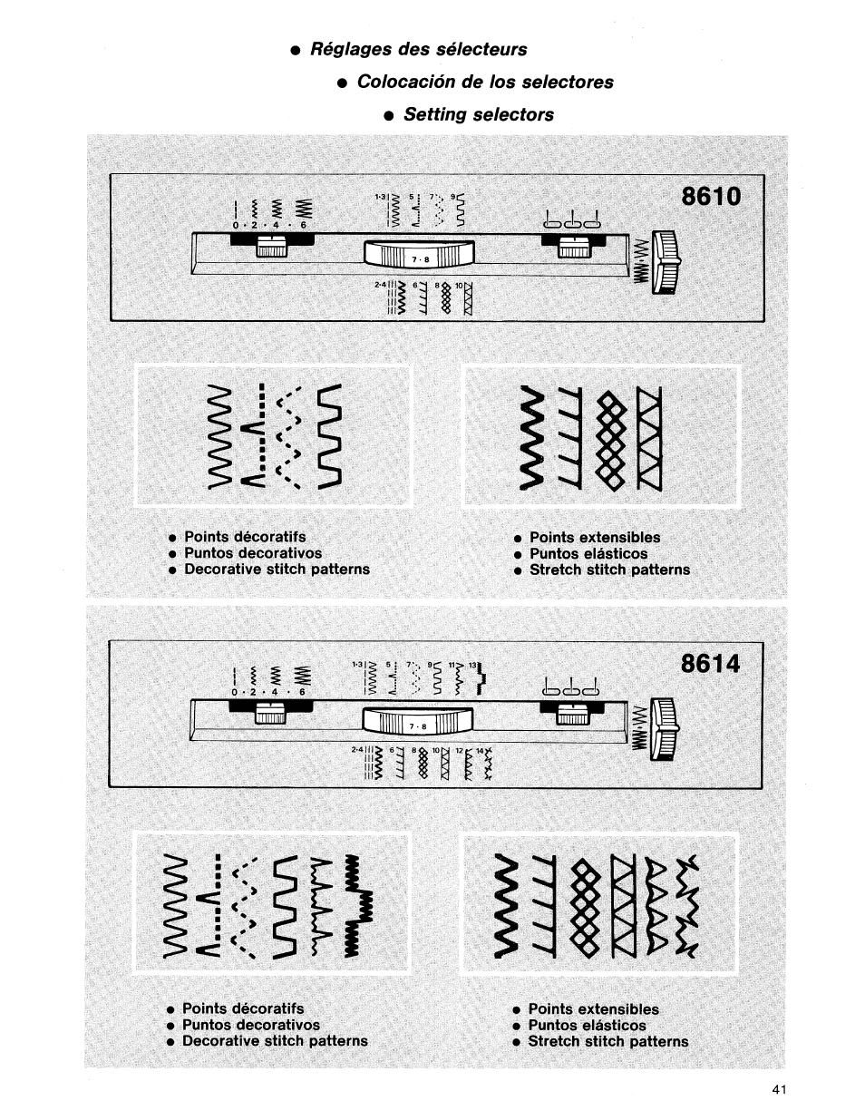 Réglages des sélecteurs, Colocación de los selectores • setting selectors, Réglage des sélecteurs | Il 1 | SINGER 8614 User Manual | Page 43 / 74