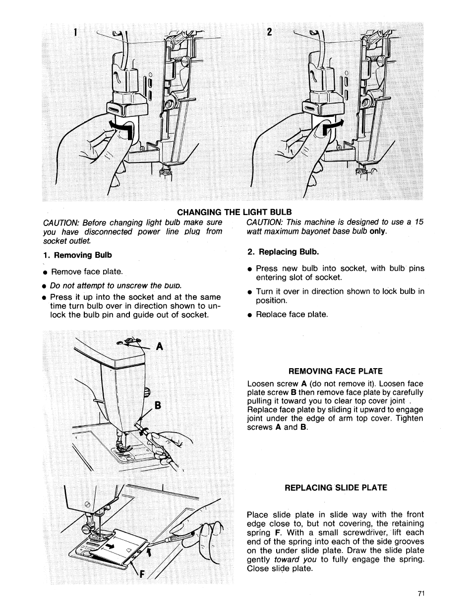 Changing the light bulb, Removing bulb, Replacing bulb | Removing face plate, Replacing slide plate | SINGER 8614 User Manual | Page 73 / 74