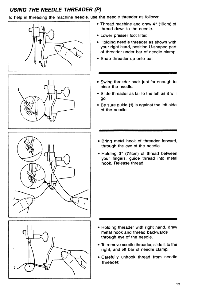 Using the needle threader (p), Using the needle threader | SINGER 9113 User Manual | Page 15 / 48