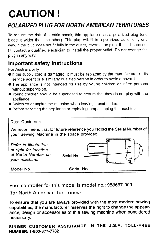 Caution, Polarized plug for north american territories, Important safety instructions | SINGER 9113 User Manual | Page 2 / 48